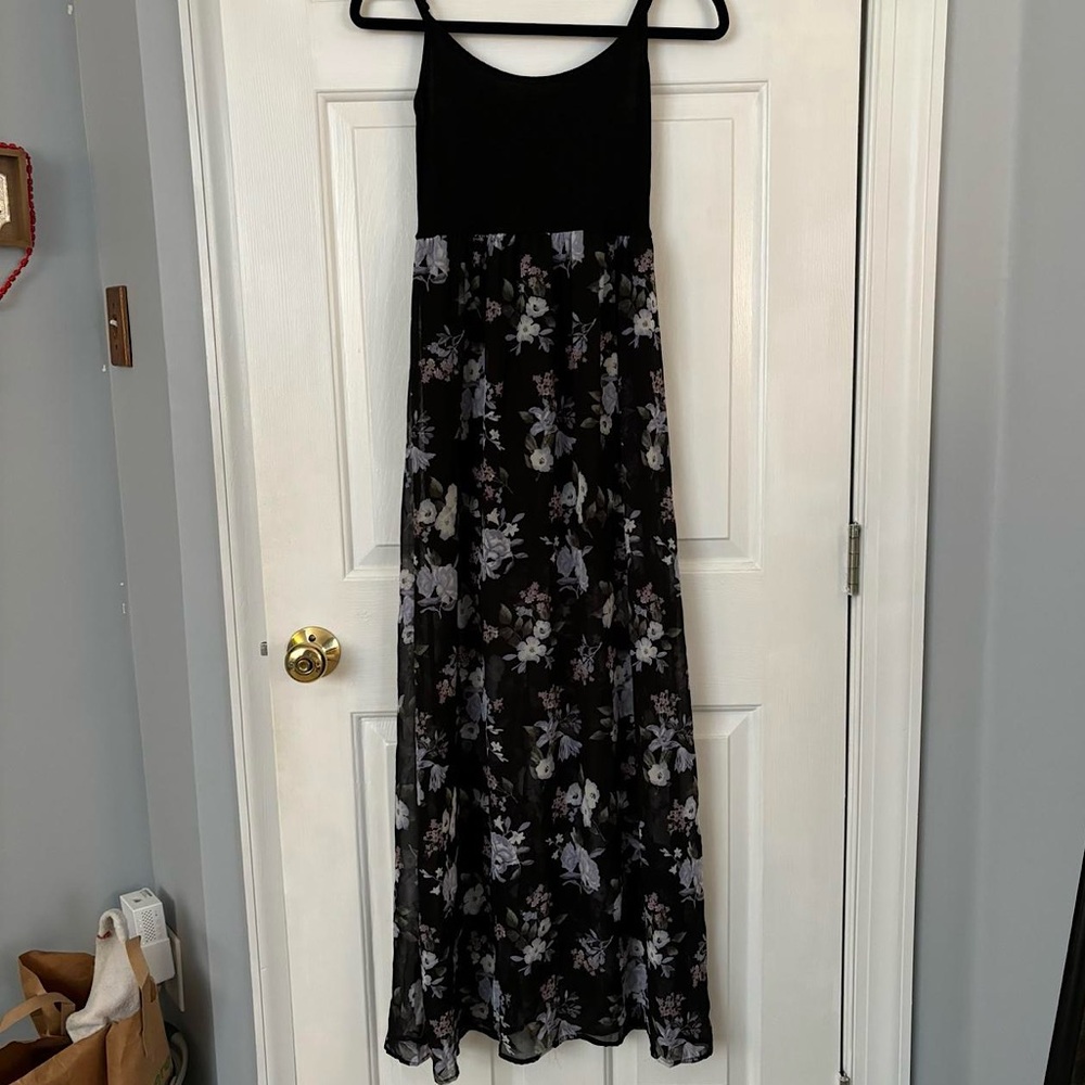 Spaghetti strap black maxi dress,sheer floral skirt (mini black slip underneath)